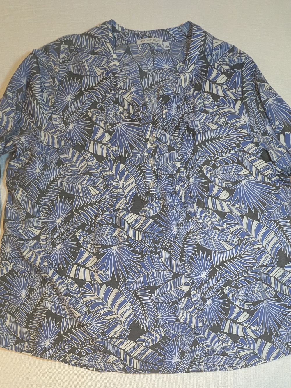 Notations Blue and White Tropical-Leaf Henley Blouse
